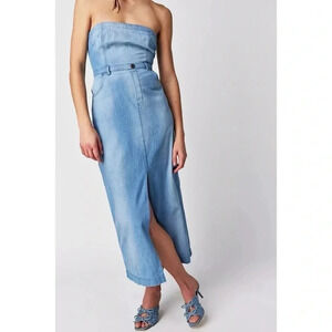 Free People Picture Perfect Midi Dress Denim Jean Strapless in Allure Blue 6